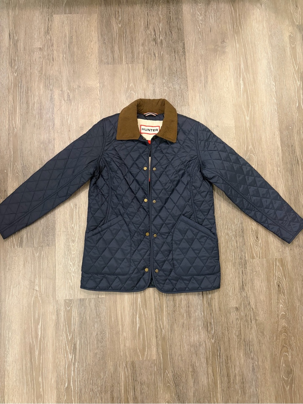 Hunter Quilted Navy Jacket with Brown Corduroy Collar
